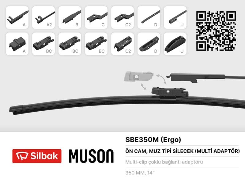 Silecek Süpürgesi Muz Tipi 350mm A. BC.C2.D Ve U Tipi Kollar İcin Multi Adaptorlü