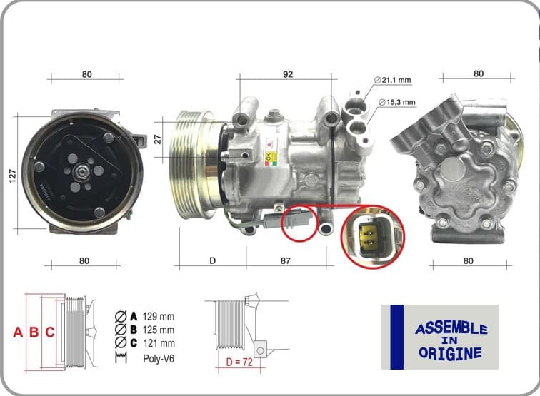Klima Kompresörü Renault Clio III 04>12 Kangoo II 08> Modus 04> Micra III 03>10 Qashqai J10 06>13 1.5dCi K9K 12V 6 Kanal 125MM Mercedes Citan W415 12>