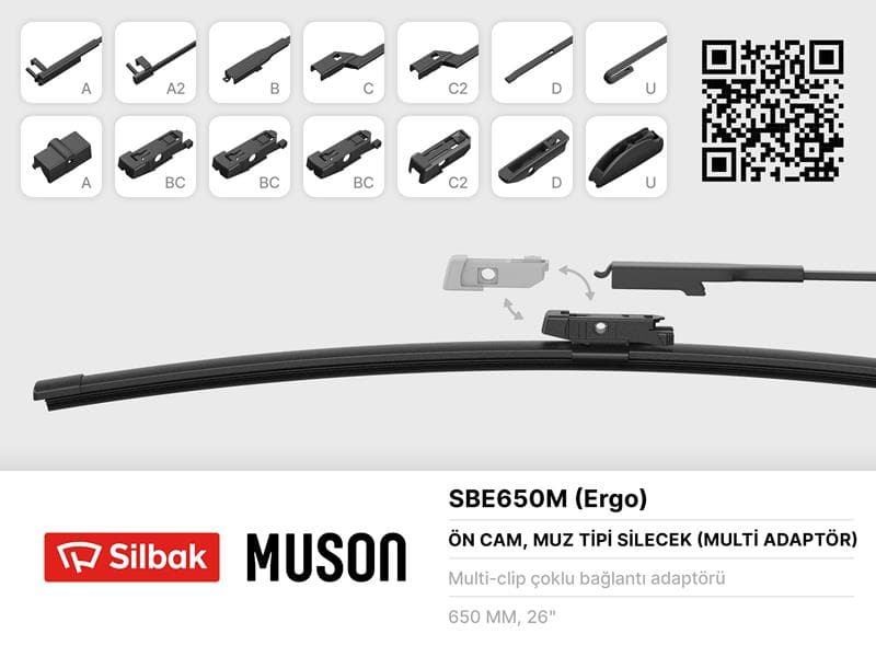 Silecek Süpürgesi Muz Tipi 650mm A. BC.C2.D Ve U Tipi Kollar İcin Multi Adaptorlü