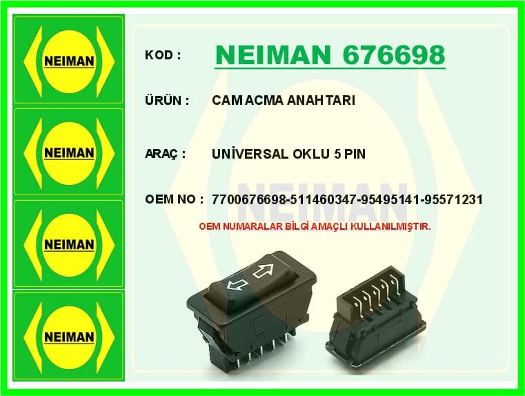 Cam Açma Anahtarı Universal Oklu 5 Pin