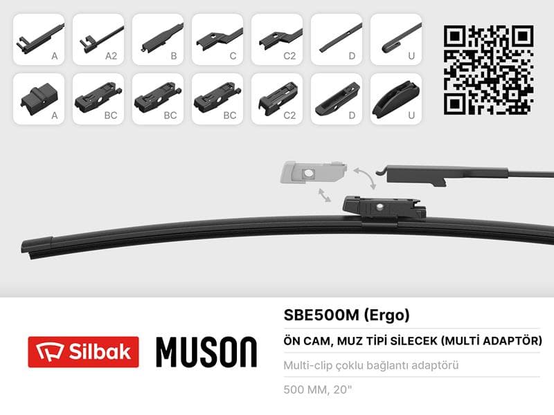 Silecek Süpürgesi Muz Tipi 500mm A. BC.C2.D Ve U Tipi Kollar İcin Multi Adaptorlü